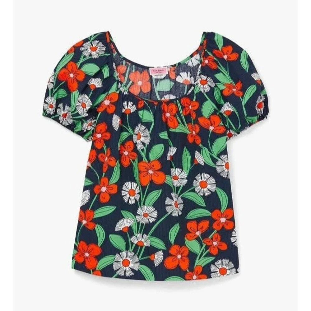 Kate Spade Size Small Daisy Vines Puff Sleeve Blouse Blue Floral Scoop Neck EUC
